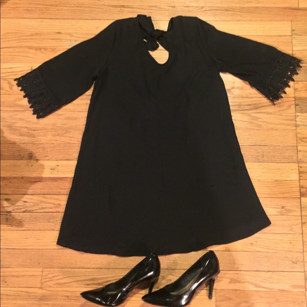 Black chiffon shift dress with detailed sleeves